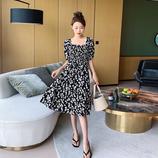 Váy hoa chun ngực tay bồng HSN085