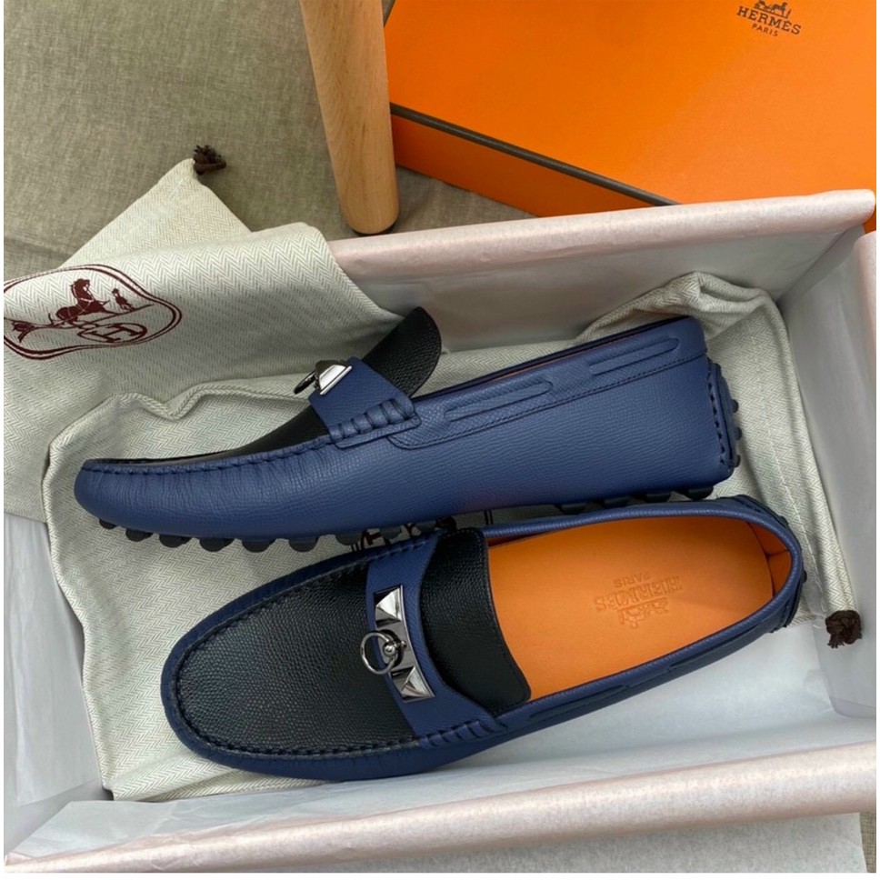 👞HIGH FASHION👞 Giày Moca da bê Like Auth xanh lưỡi đen móc khóa bạc NV MLN HV size 4-5-6-7-8