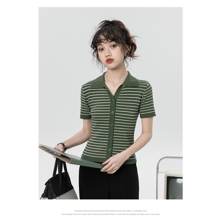Áo polo ZHELIHANGFEI dệt kim tay ngắn cổ bẻ có nút cài họa tiết kẻ sọc thời trang dành cho nữ
