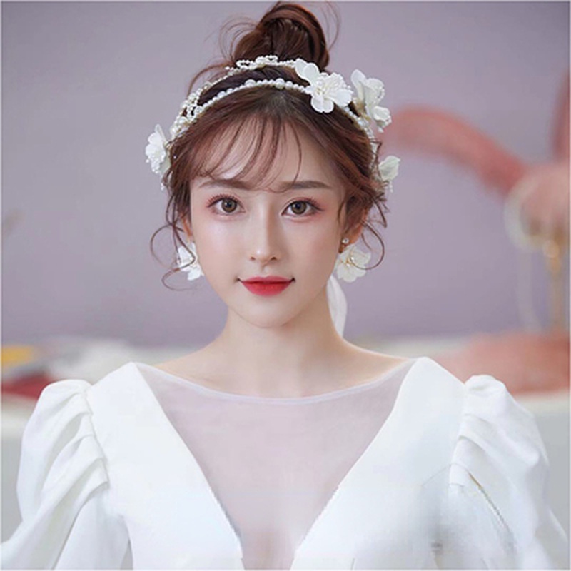 Kẹp Tóc Nơ Ruy Băng Dài Đính Ngọc Trai Trắng Phong Cách Hàn Quốc Cho Cô Dâu