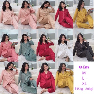 Đồ bộ pijama nữ lụa gấm hoa văn cao cấp quần dài tay dài bigsize 45kg - 80kg (BD009)