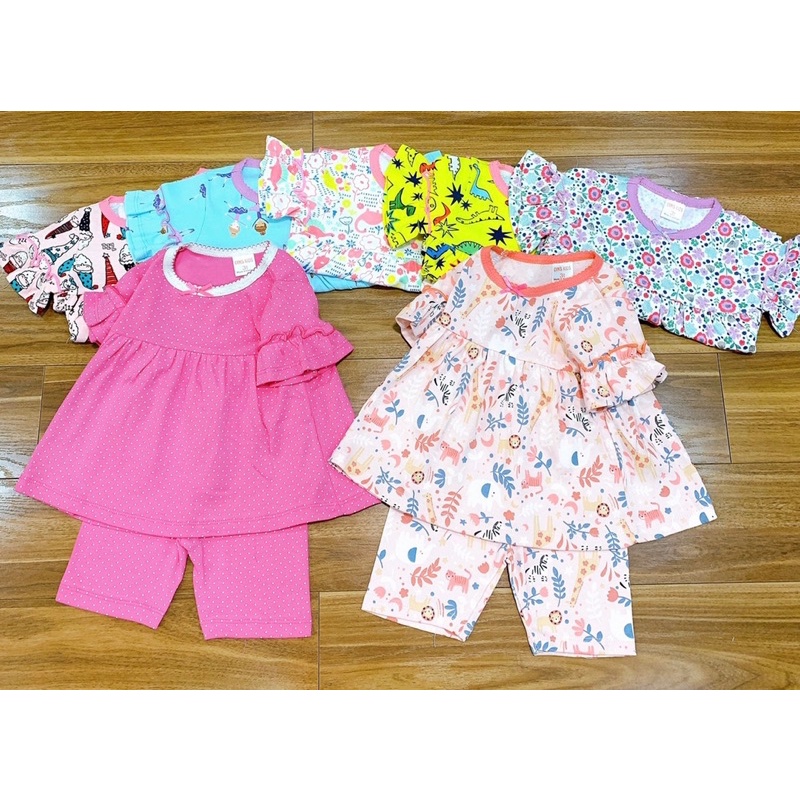 Bộ ngắn tay nhún  bèo cotton borip bé gái (Sz 10-20kg)