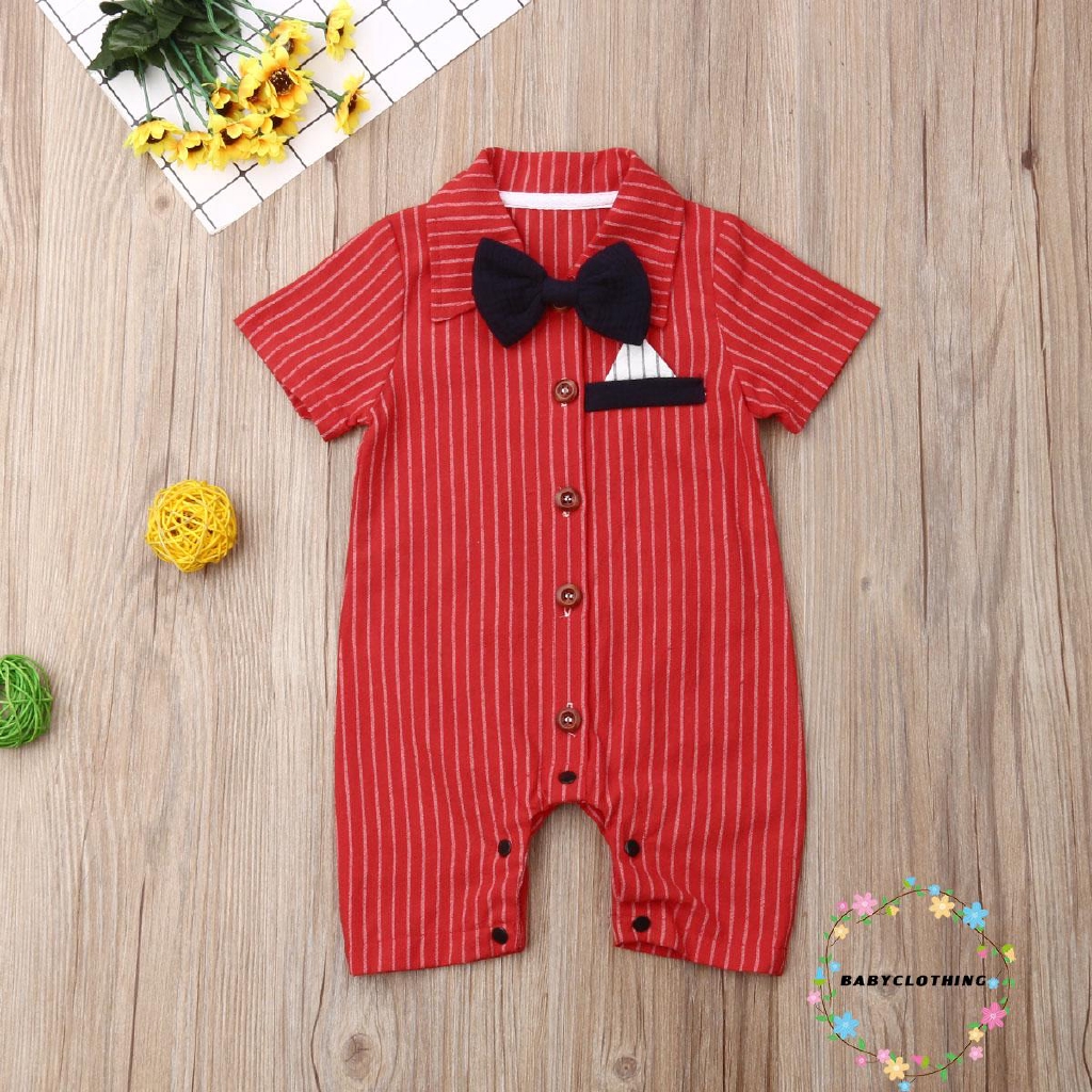 Set áo liền quần ngắn tay + nơ đeo cổ + Quần dài sọc vằn đáng yêu cho bé trai