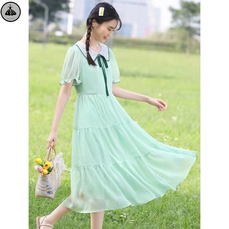Váy babydoll Đầm Chiffon Dài Qua Gối Màu Trắng Thời Trang Mùa Hè Cho Nữ Sinh Trung Học
