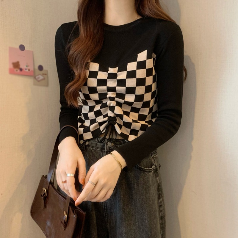 Áo croptop dệt kim tay dài dáng ôm phối dây rút trước họa tiết kẻ sọc thời trang mùa thu quyến rũ cho nữ