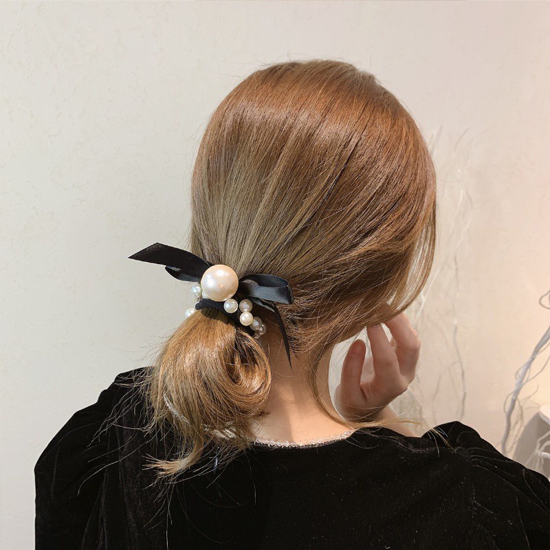 Dây buộc tóc hình nơ đính ngọc trai giả phong cách Hàn Quốc