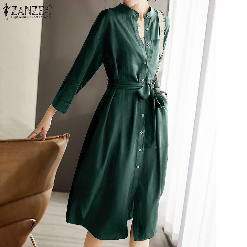 Đầm ZANZEA tay 3/4 cổ bẻ dáng rộng có túi hai bên thời trang dành cho bạn nữ