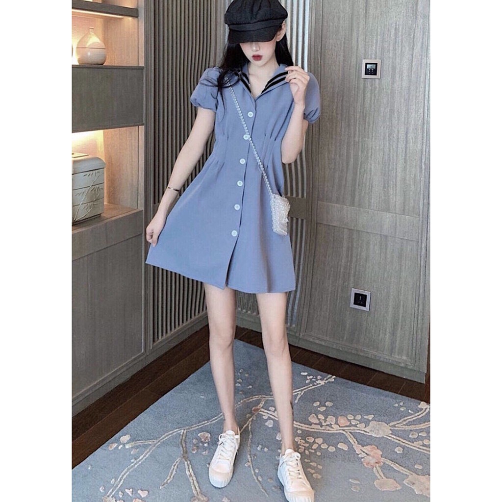 DX198 - Đâm Xòe Xám Xanh Sơ Mi Tay Phồng