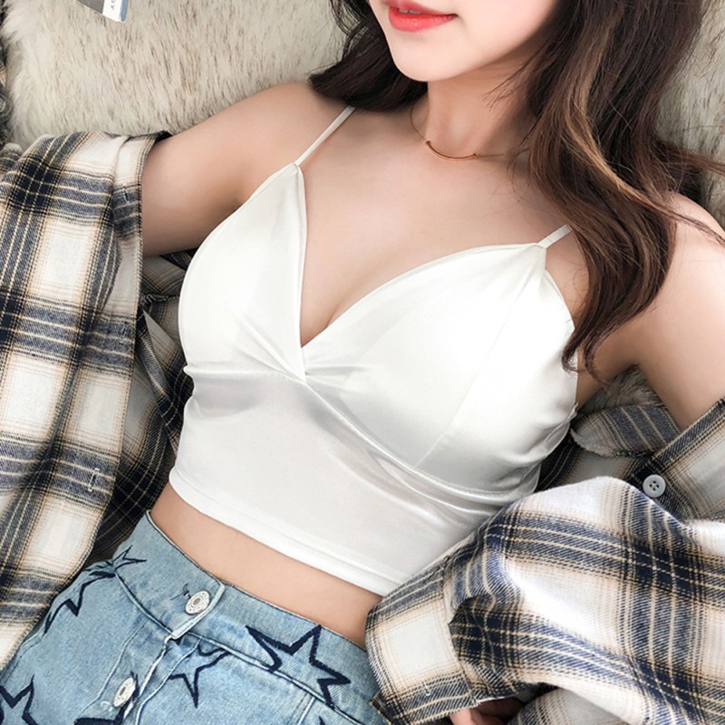 Áo ngực hai dây cổ chữ V xẻ sâu vải lụa sữa satin không có gọng quyến rũ dễ thương xinh đẹp dành cho nữ | BigBuy360 - bigbuy360.vn