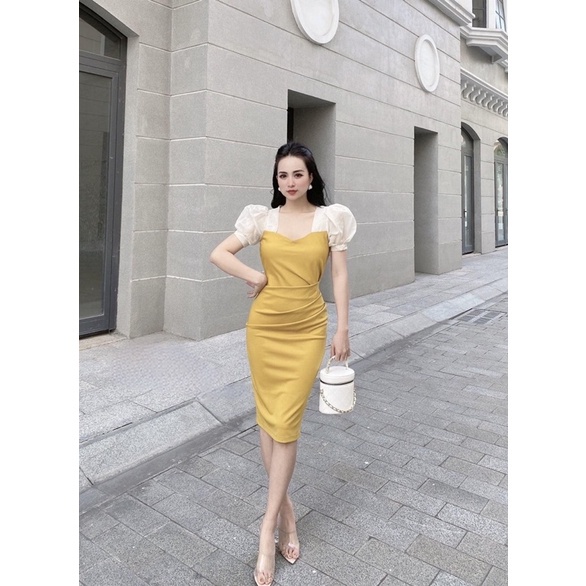 Đầm sang chảnh ôm body thiết kế cổ vuông tay bồng kín đáo, lịch sự | BigBuy360 - bigbuy360.vn