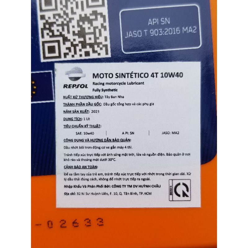 Dầu nhớt Repsol Moto Sintetico 4T 10W40 1 lít nhập khẩu từ Tây Ban Nha