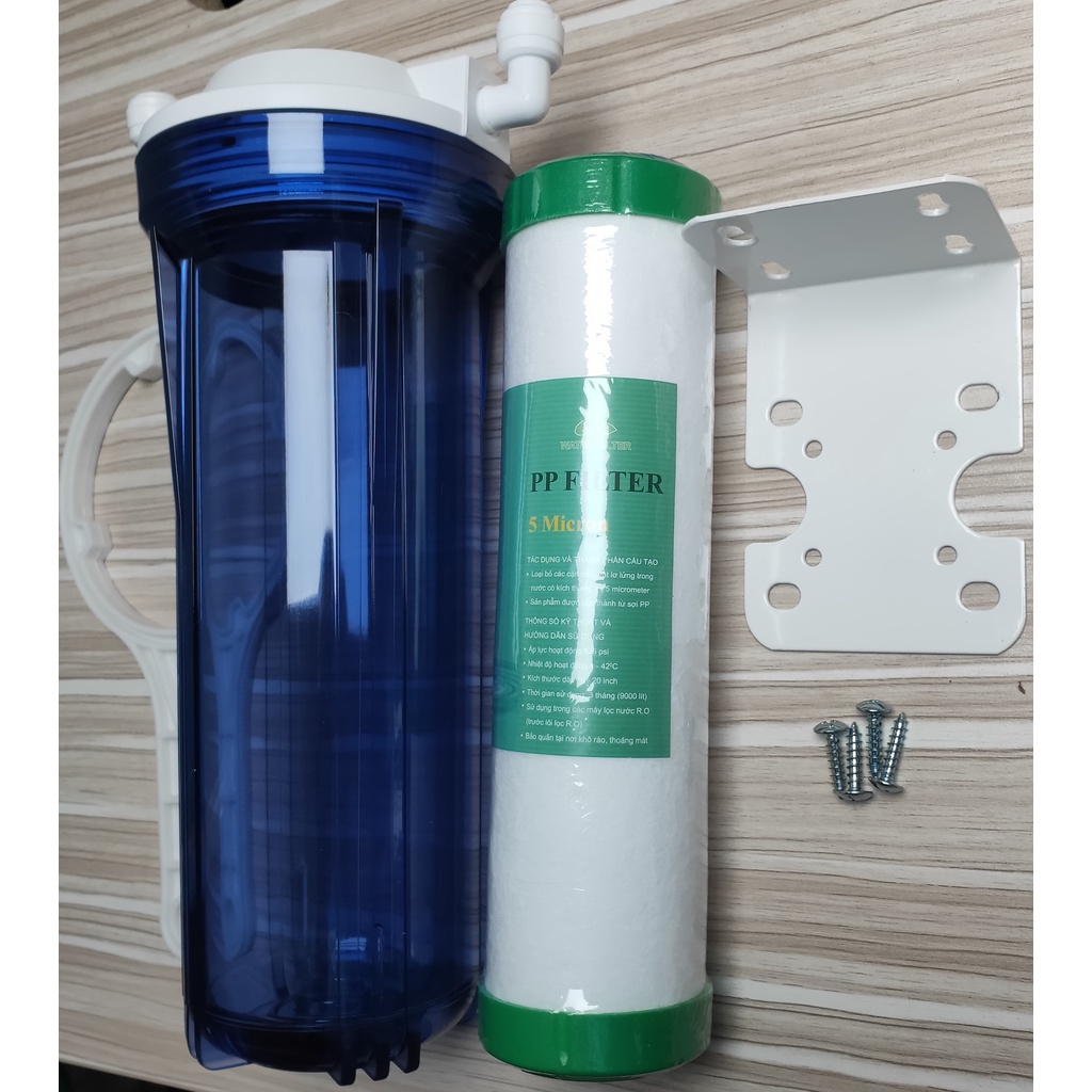 Com bo bộ lọc thô 10 inch ra rây 10 (cốc trong+bát ren 13 và 2 cút NN13/10, tay vặn, giá đơn, bịt 1, vít ), bộ lọc thô