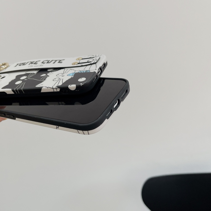 Ốp Điện Thoại Dẻo Màu Trắng Đen Họa Tiết Chú Mèo Dễ Thương Kèm Dây Đeo Cho iPhone 14 13 12 11 Pro Max Plus