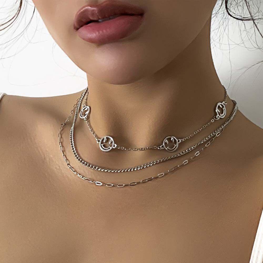 AROMA Vòng Cổ Choker Nhiều Lớp Mặt Cười Hình Học Phong Cách Hàn Quốc Cho Nữ