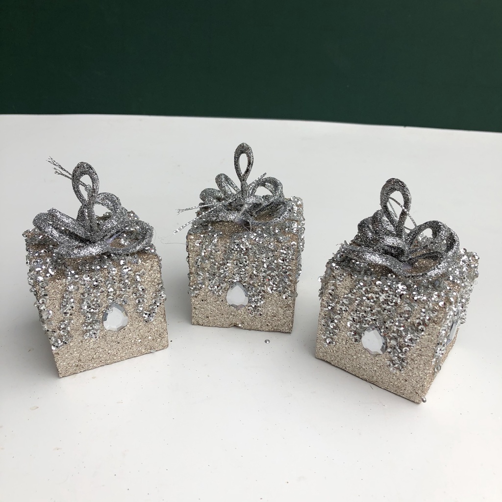 Combo 3 quả châu vuông cao cấp hình hộp quà treo cây thông Noel trang trí Giáng sinh