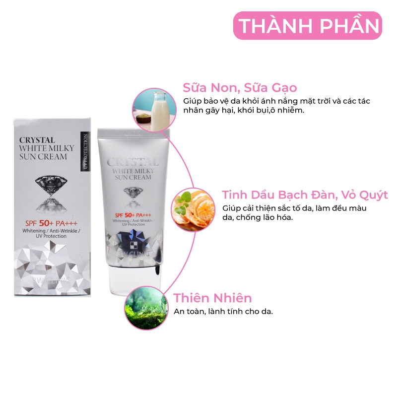 [Mã BMBAU50 giảm 7% đơn 99K] Kem Chống Nắng 3W CLINIC CRYSTAL WHITE MILKY SUN CREAM SPF 50/ PA +++ Hàn Quốc 50ml