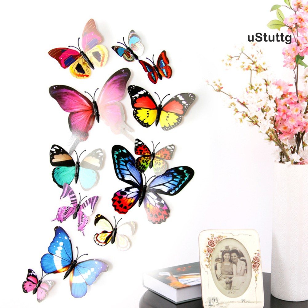 *U 12Pcs 3D PVC Butterfly Art Wall Stickers with Pin Decoration Home Room Decors