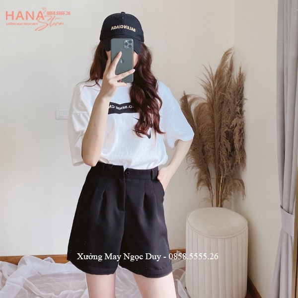 Quần short cạp cao nữ gập gấu đen trắng dáng quần đùi nữ mặc nhà cạp cao ống rộng có túi vải tuyết mưa dày mềm đi biển