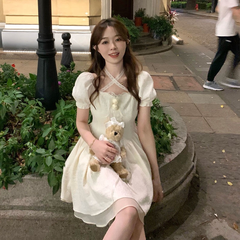 Đầm Công Chúa Tay Phồng Cổ Vuông Phong Cách retro Pháp Thời Trang Cho Nữ