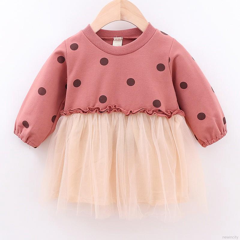Đầm lưới chấm bi dài tay phong cách Hàn Quốc dễ thương dành cho bé gái