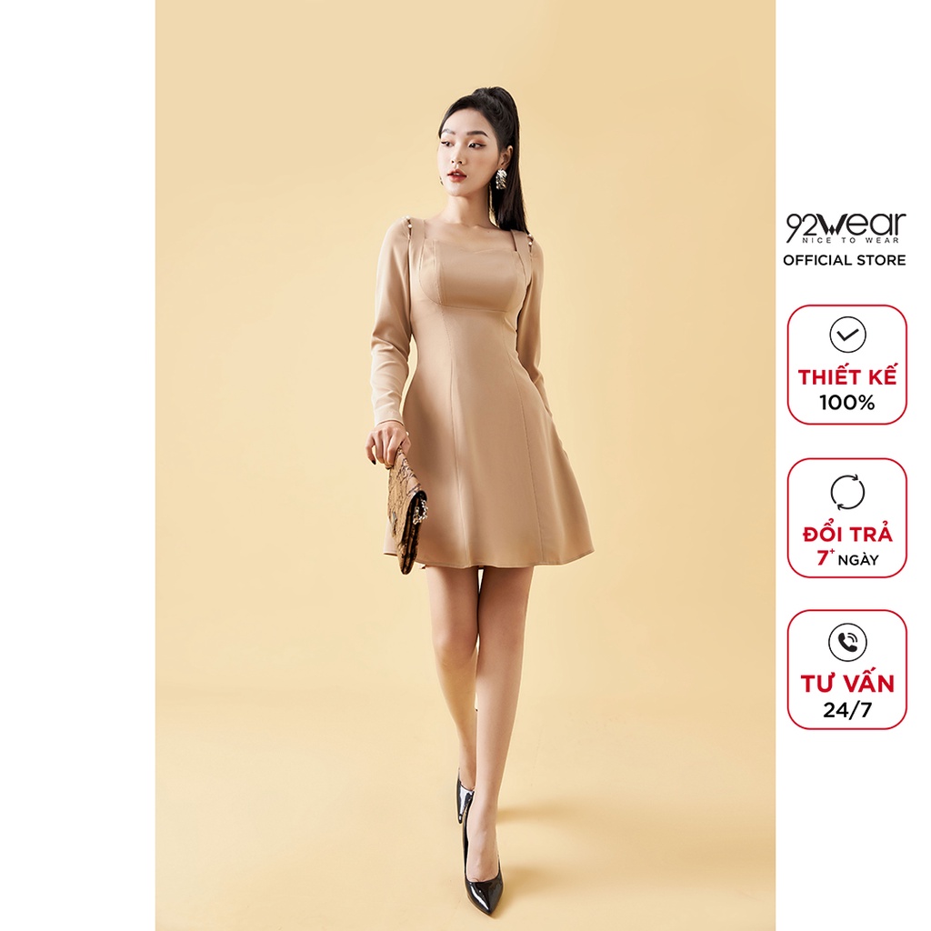 Váy xòe dài tay cổ vuông 92WEAR, thiết kế vai xẻ tinh tế, tôn dáng DEA1806