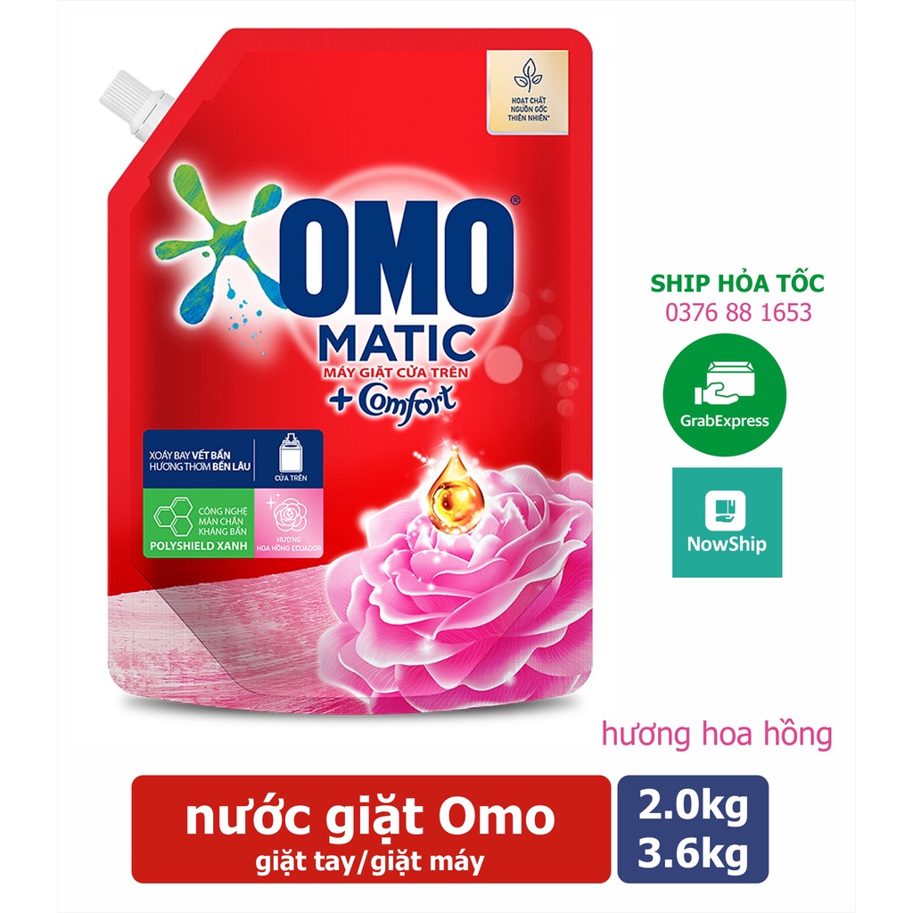 [Hỏa tốc] Nước giặt Omo cho máy cửa trên HƯƠNG HOA HỒNG 2kg và 3.6kg