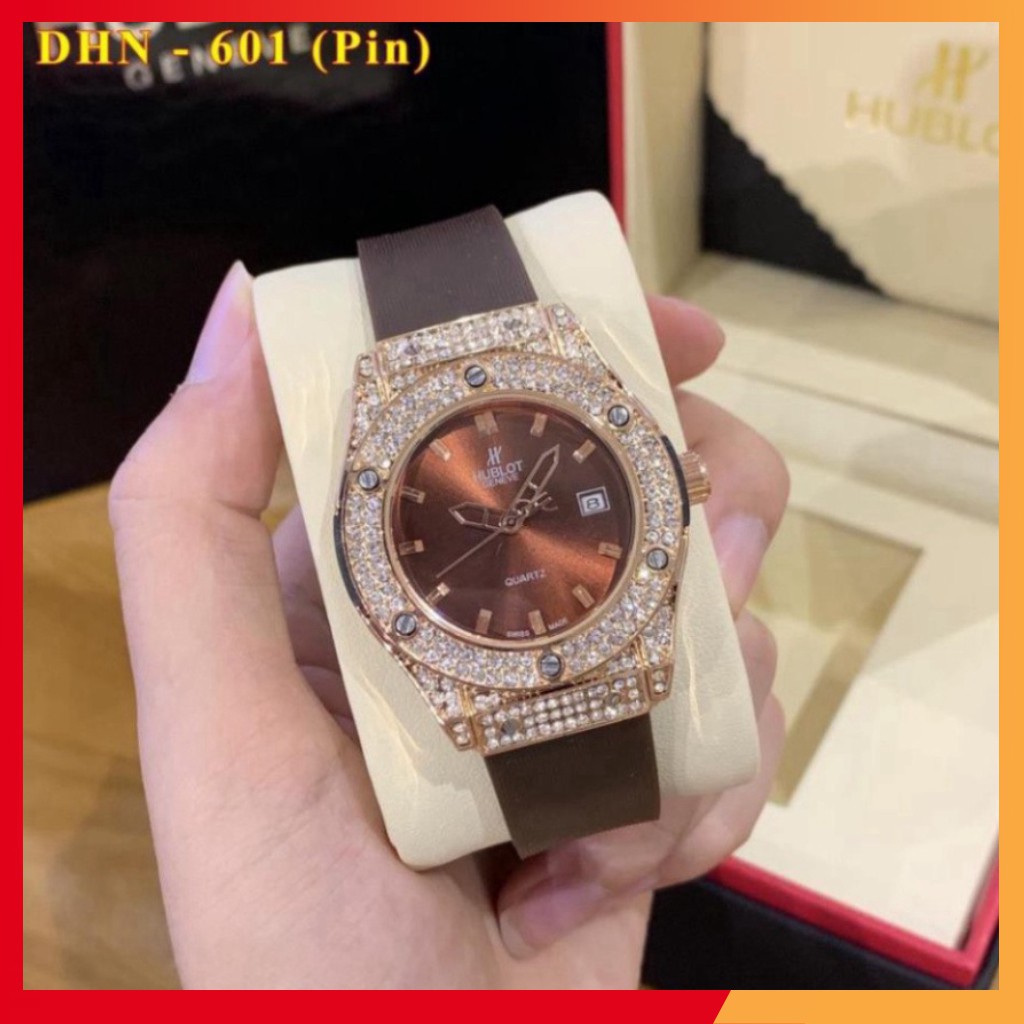 Đồng Hồ Nữ Hublot Mặt Tròn Đính Đá Dây Cao Su Cao Cấp, Bảo Hành 12 Tháng