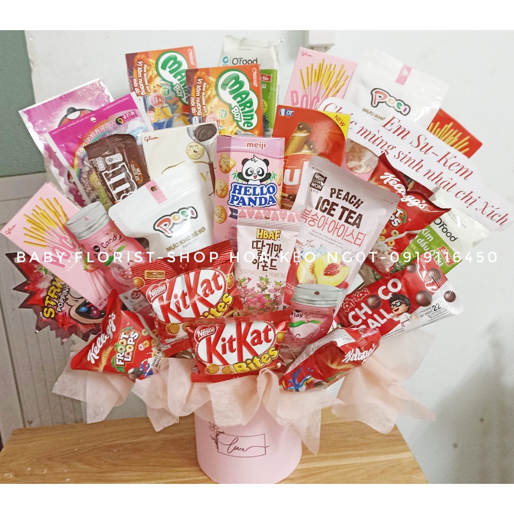 Set quà bằng đồ ăn vặt cho bé gái, Lẵng bánh kẹo quà tặng sinh nhật cho bé gái