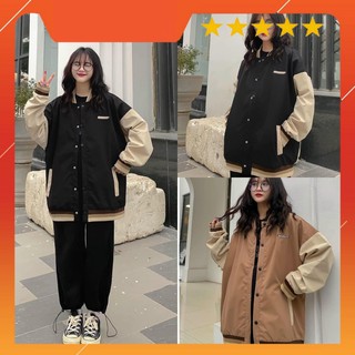 Áo khoác bomber kaki bóng chày nâu/đen bao ngầu bao chất nguyễn hoa