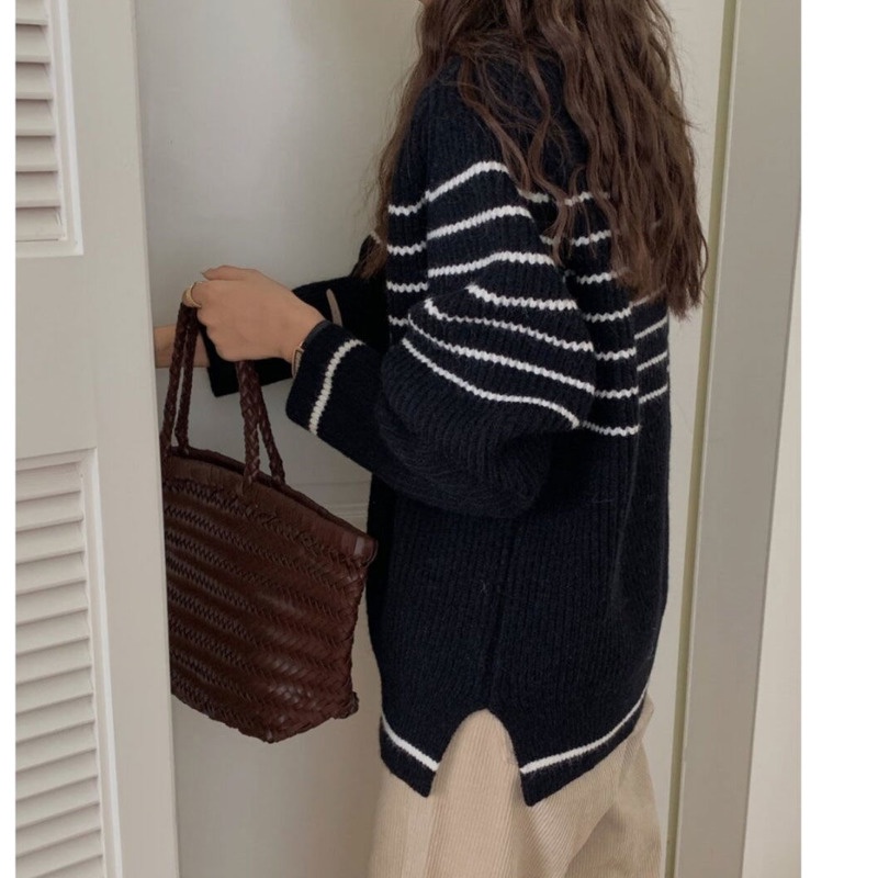 Áo Len Nữ Dài Tay Cổ Tròn Sọc Ngang Thời Trang Hàn