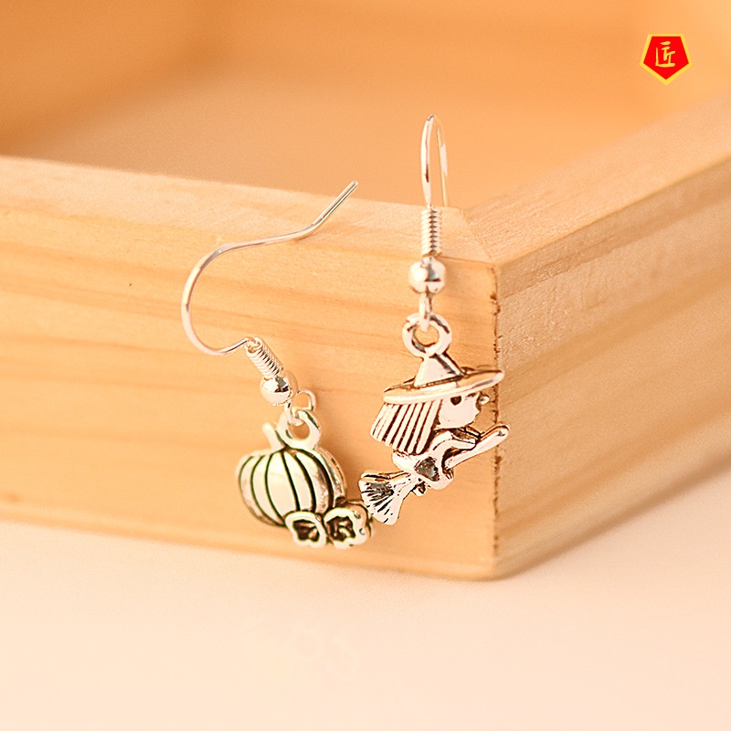 Bông Tai Bạc 925 Hình Quả Bí Ngô / Phù Thủy / Quả Bí Ngô / Phù Thủy / Phù Thủy Độc Đáo Phong Cách Halloween Đen
