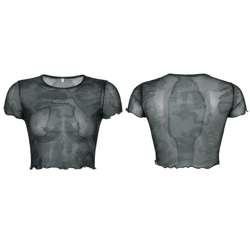 Áo Thun Crop Top Tay Ngắn Phối Lưới Xuyên Thấu In Hình Rồng Phong Cách Punk Cổ Điển Thời Trang Cho Nữ
