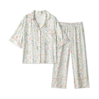 Bộ pyjama họa tiết hoa tay ngắn quần dài vải lụa ngủ mặc nhà