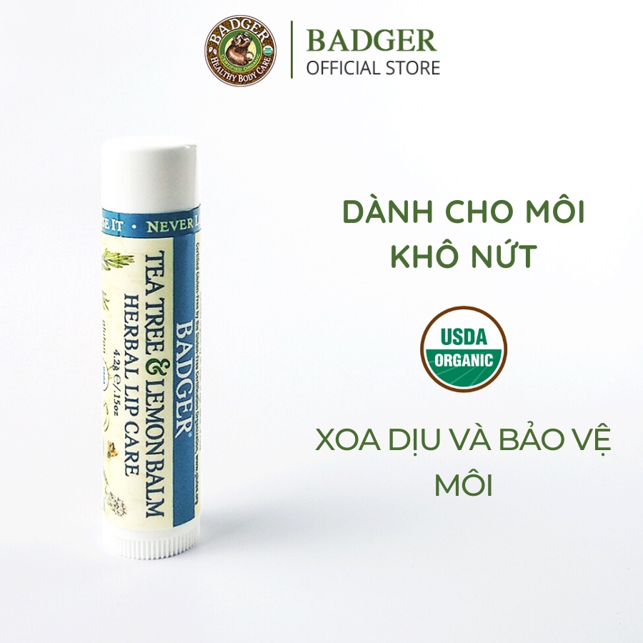 Son dưỡng môi hữu cơ BADGER Tea Tree &amp; Lemon Balm Herbal Lip Balm USDA Organic - 4.2g