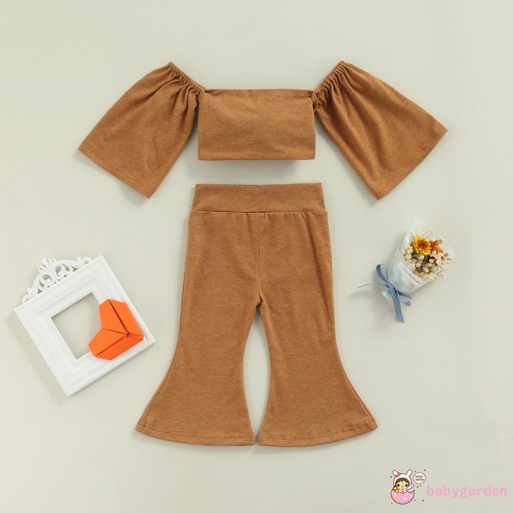 Set đồ 2 món áo croptop trễ vai thắt nơ + quần ống loe màu trơn cho bé gái