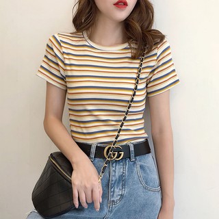 Áo Croptop Tay Ngắn Hoạ Tiết Kẻ Sọc Cho Phái Nữ