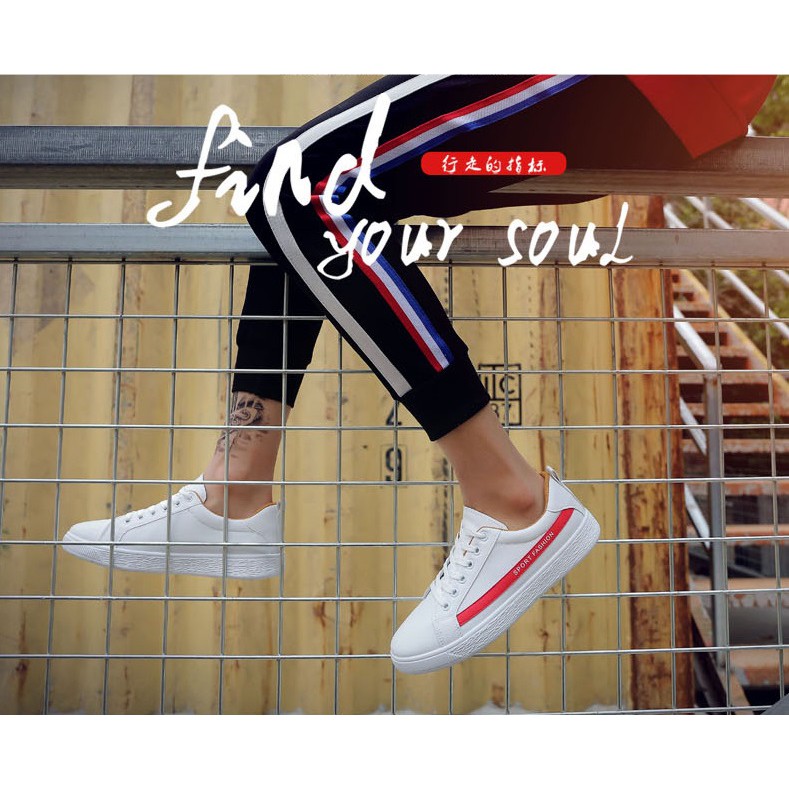 GIẦY SNEAKER DA Kẻ SPORT FASHION ( TRẮNG - ĐỎ ) Thể Thao Nam phong cách Korea 2018