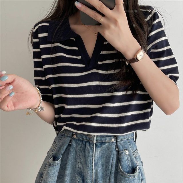 Áo Thun NgắN Tay Kẻ SọC Cổ Chữ V Xinh XắN Cho Nữ JL-TX-348