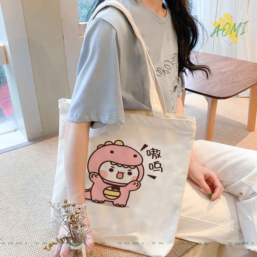 TOTE CANVAS hoat hình khủng long cute  TÚI VẢI ĐEO VAI BAG CÓ KHÓA KÉO SIZE LỚN 33x38cm AOMIVN DU LỊCH DẠO PHỐ