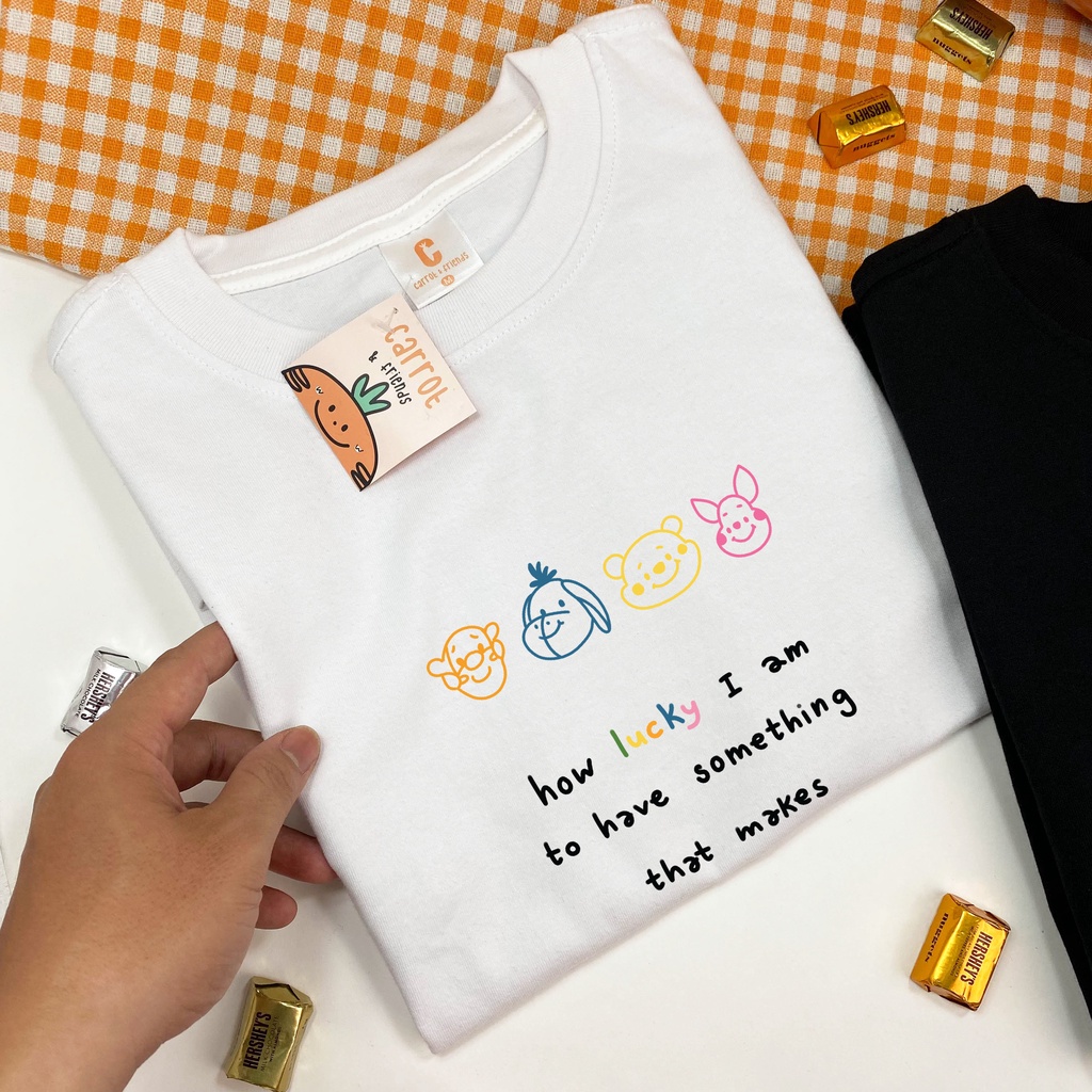Áo thun Unisex Gấu Pooh lucky 100% cotton oversize tay lỡ form rộng