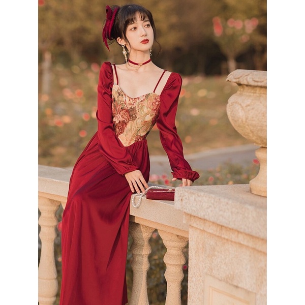 Váy vintage tiểu thư lụa đỏ phối vải bố