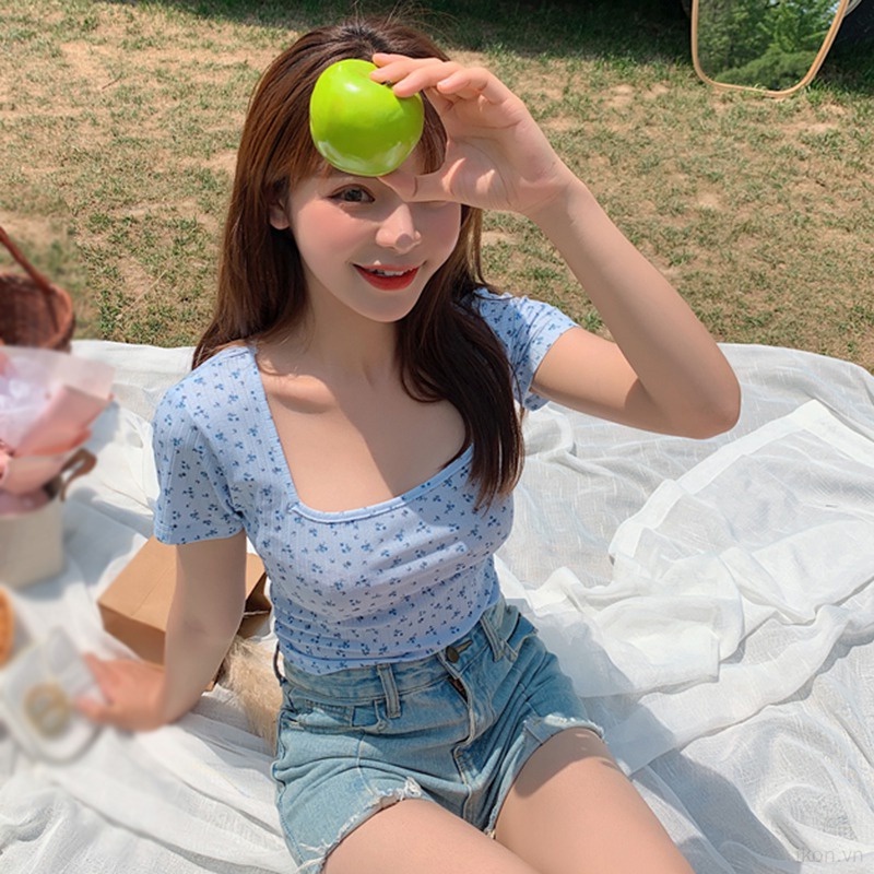 Áo Thun Croptop Ngắn Tay Cổ Vuông Form Ôm Thời Trang Cho Nữ