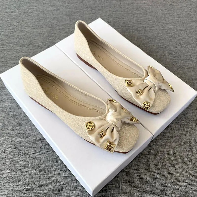 Giày Búp Bê Đế Mềm Mũi Vuông Đính Nơ Thời Trang Xuân Thu 2022 Size 32-44