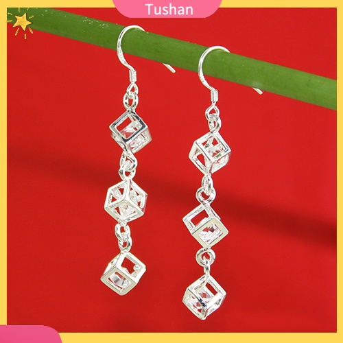 Khuyên tai nữ mạ bạc dáng dài đính khối lập phương xinh xắn