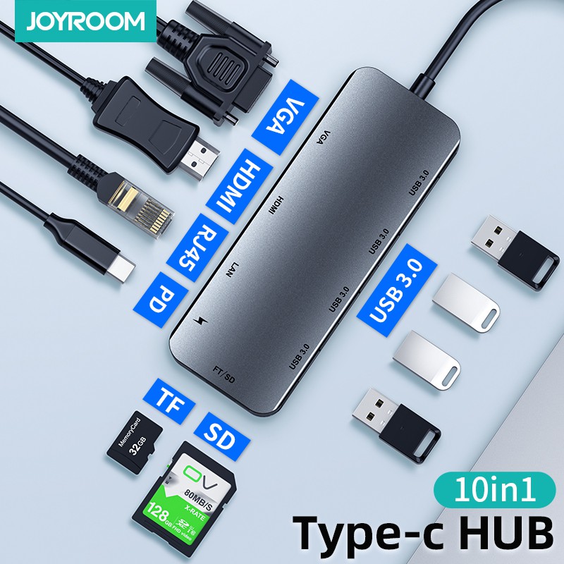 Hub chuyển đa năng Joyroom 10 in 1 (Type C to 2xUSB 3.0; 2xUSB 2.0; HDMI+PD+SD+TF+RJ45+VGA)