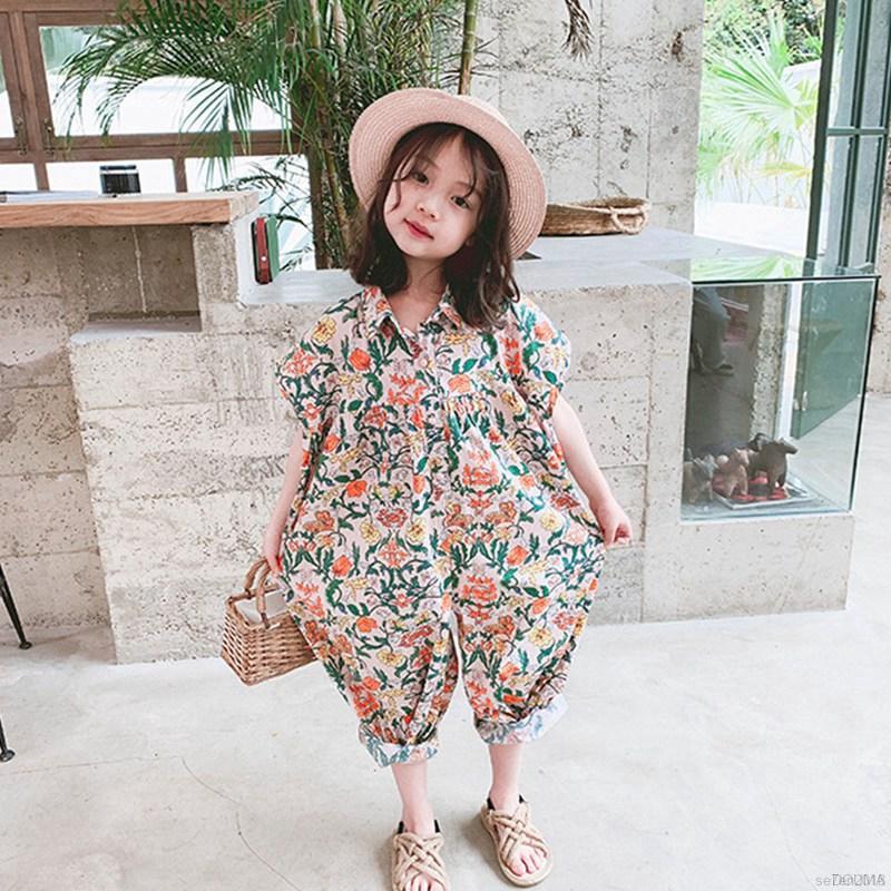 Áo liền quần chất cotton hoạ tiết hoa thời trang mùa hè cho bé gái