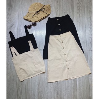 (TRI ÂN HOT) SET ÁO 2 DÂY CROPTOP MIX CHÂN VÁY CÚC ĐEN BE - (Sp sẵn)