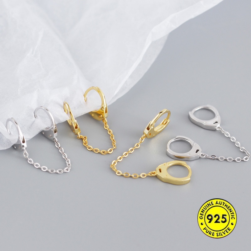 Bông Tai Mạ Bạc 925 Dạng Gập Phối Dây Xích Thiết Kế Hình Học Thời Trang Cho Nam Và Nữ