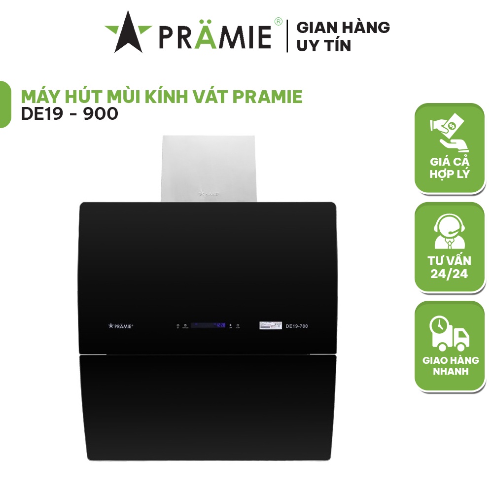 Máy hút mùi kính Vát DE19-900 máy hút mùi bếp cảm ứng điều khiển không chạm, bọ lọc than hoạt tính, hoạt động êm ái