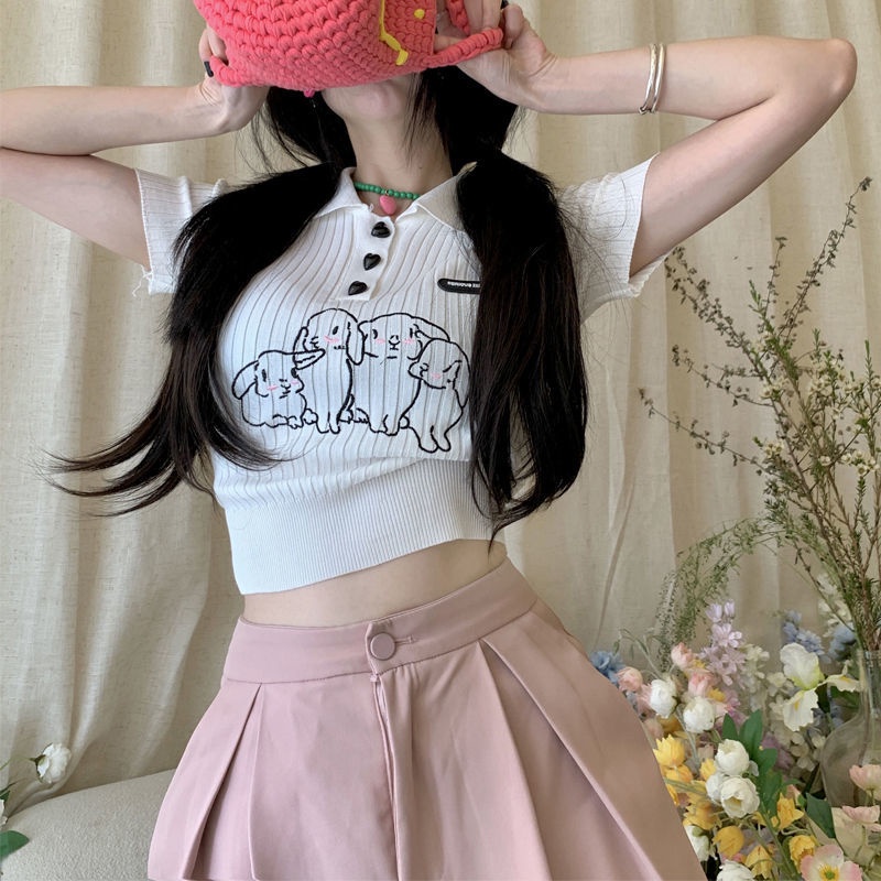 Áo polo Pure Cube dệt kim tay ngắn dáng ôm thêu hình thỏ thời trang mùa hè cho nữ